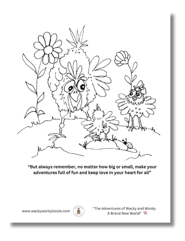 Coloring page with cartoon owls and flowers and a motivational quote.